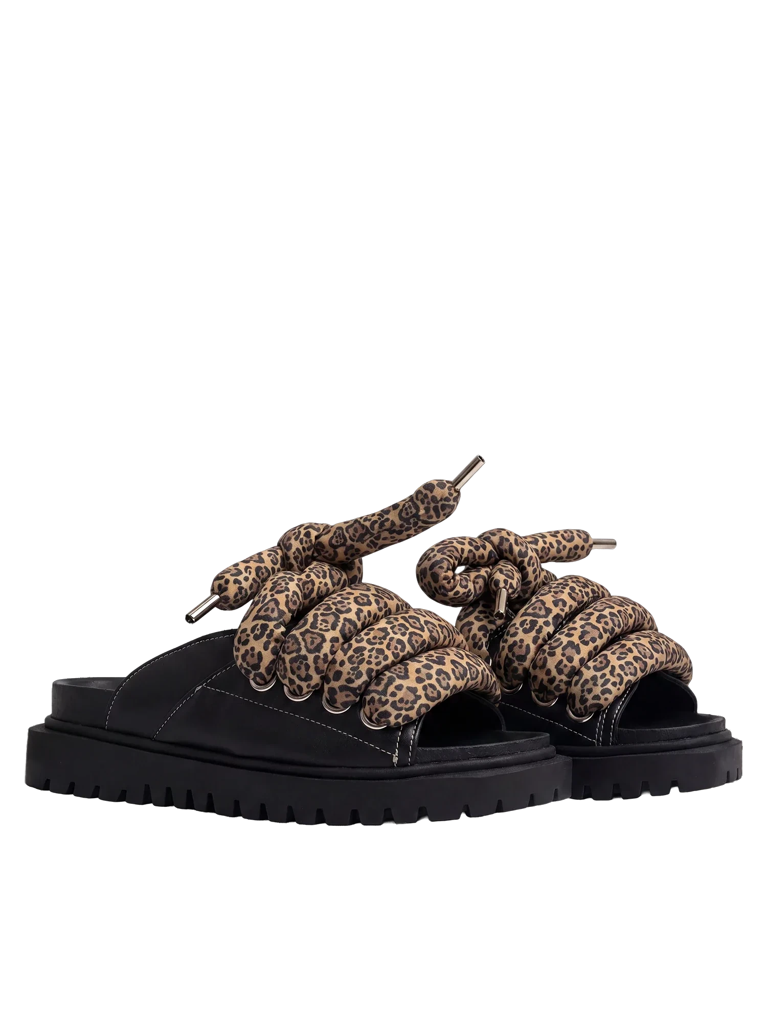 Sandale — Leder Schwarz — TB Leopardenmuster